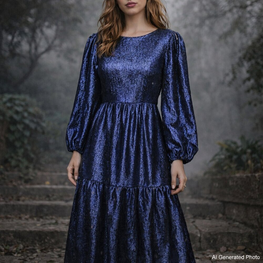 Topshop Metallic Blue Textured Midi Dress Fairy Backless Whimsigoth 10 NEW Party